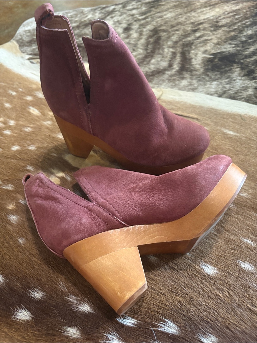 Maroon suede clog style boots